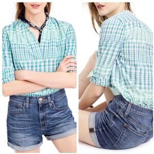 J. Crew Green White Long Sleeve Women's Gingham Ikat Popover Top Size 12